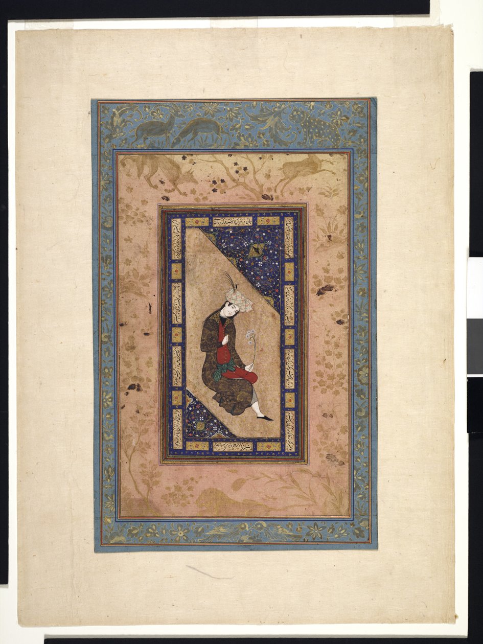 صورة لأمير صفوي ، حوالي 1590-1630 أو في وقت لاحق (ألوان مائية غير شفافة وذهبية على ورق) بواسطة المدرسة الفارسية