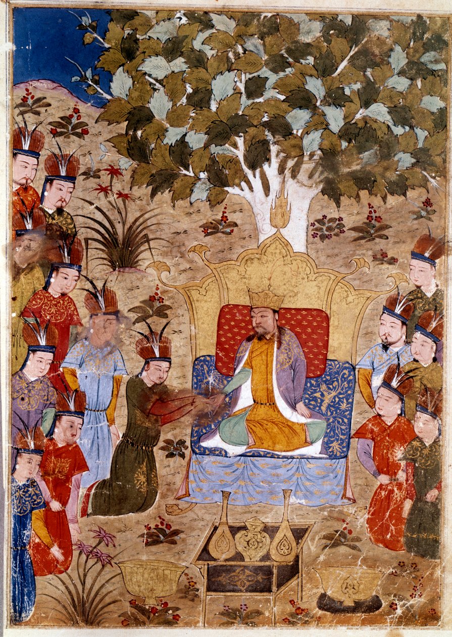 تمثيل شاغتاي خان (1227-1242) على عرشه ، وهو ابن جنكيز خان على ظهور الخيل. منمنمة فارسية مأخوذة من جامع الطوارخ أو "التاريخ العالمي" للمؤرخ رشيد الدين (الدين) (1247-1318) حوالي عام 1430. بواسطة المدرسة الفارسية