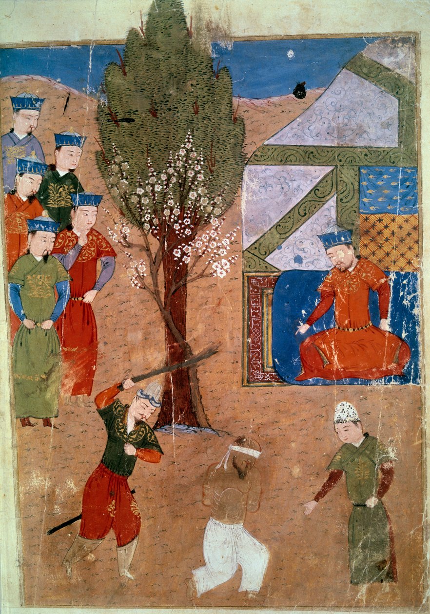 تمثيل شاغتاي خان (1227-1242) على عرشه ، وهو ابن منمنمة جنكيز خان الفارسية مأخوذة من "جامع الطوارخ" أو "التاريخ العالمي" للمؤرخ رشيد الدين (الدين). ) (1247-1318) حوالي 1430. باريس ، BN بواسطة المدرسة الفارسية