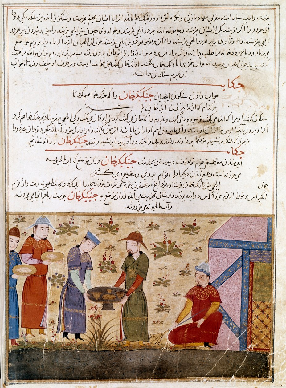 تمثيل جنكيز خان (1162-1227) يصنع تحالفات. المنمنمة الفارسية مأخوذة من "" جامع الطوارخ "أو" التاريخ العالمي "للمؤرخ رشيد الدين (الدين) (1247-1318) حوالي عام 1430. باريس ، بن ن. بواسطة المدرسة الفارسية