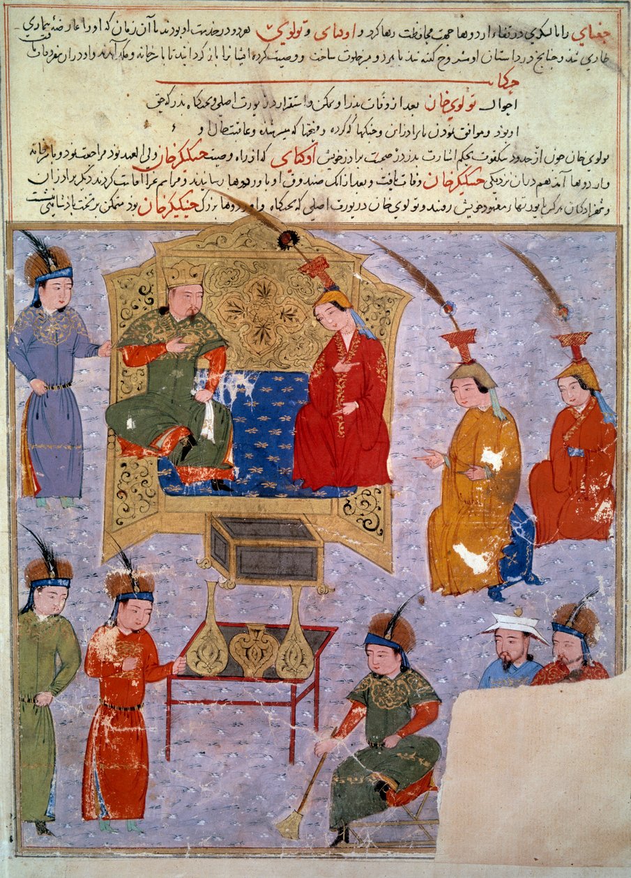تمثيل لهولاكو خان (1217-1265) ، وهو حفيد منمنمة جنكيز خان الفارسية المأخوذة من "" جامع الطوارخ "(جامع الطوارخ) أو" التاريخ العالمي "للمؤرخ رشيد الدين (آل. din) (1247-1318) حوالي 1430. باريس ، BN بواسطة المدرسة الفارسية