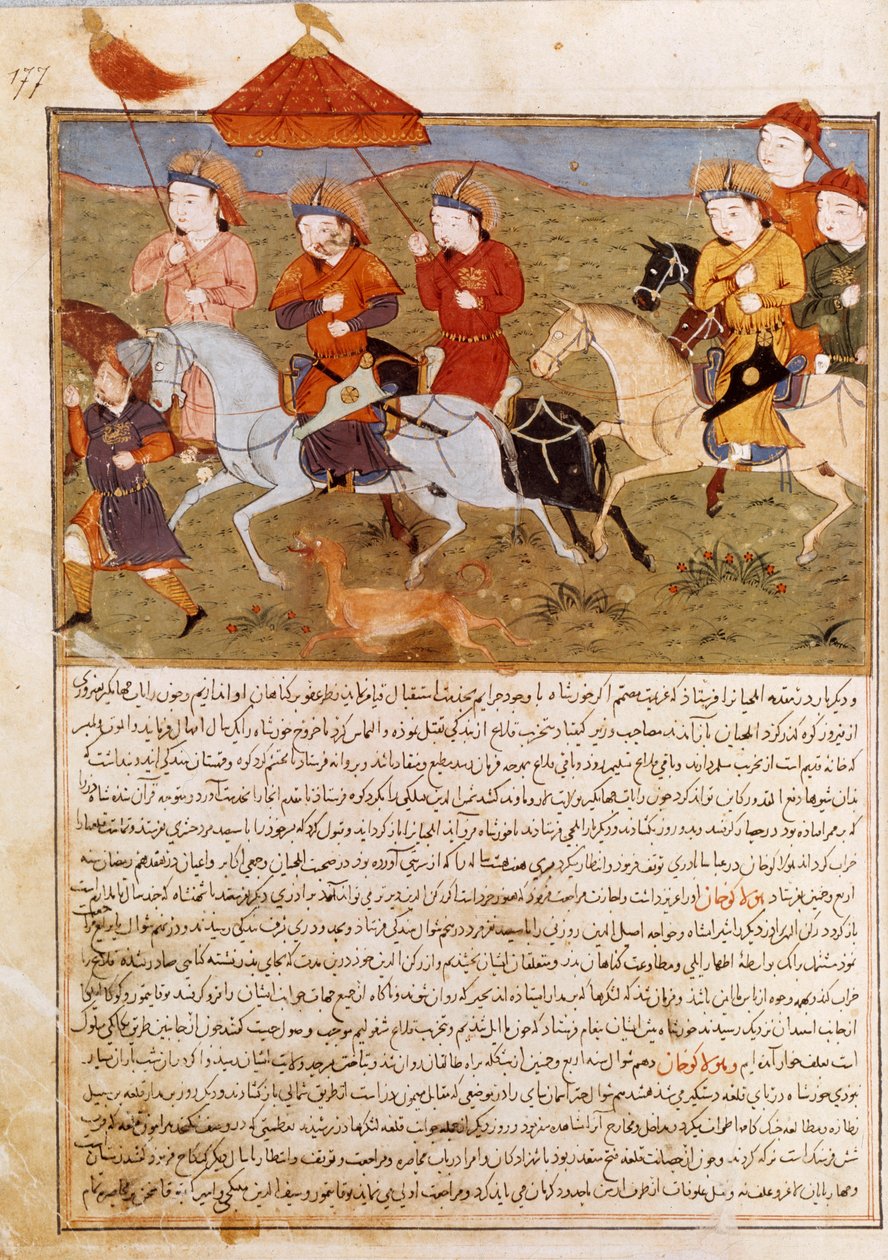 تمثيل Houlagou خان ، حفيد جنكيز خان يركب. منمنمة فارسية مأخوذة من جامع الطوارخ أو "التاريخ العالمي" للمؤرخ رشيد الدين (الدين) (1247-1318) حوالي عام 1430. باريس ، بن ن. بواسطة المدرسة الفارسية
