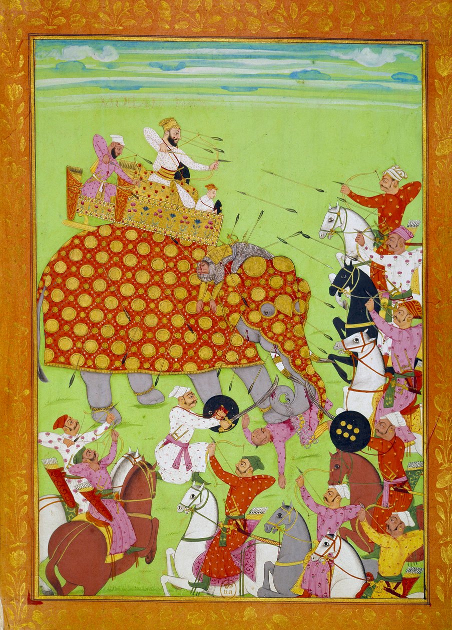 تمثيل مراد (مراد) بكش (1624-1661) ، ابن الإمبراطور المغولي شاه جيهان (أو شاه جيهان ، شاه جيهان) يقاتل على فيل. المنمنمات الفارسية من القرن السابع عشر في باريس ، بن بواسطة المدرسة الفارسية