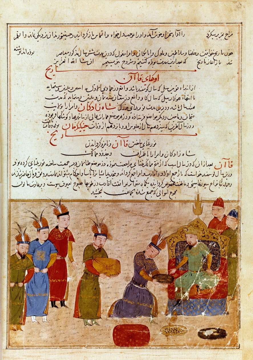 تمثيل أوغودي خان (1186-1241) ، هو ابن جنكيز خان. المنمنمة الفارسية مأخوذة من "" جامع الطوارخ "أو" التاريخ العالمي "للمؤرخ رشيد الدين (الدين) (1247-1318) حوالي عام 1430. باريس ، بن ن. بواسطة المدرسة الفارسية