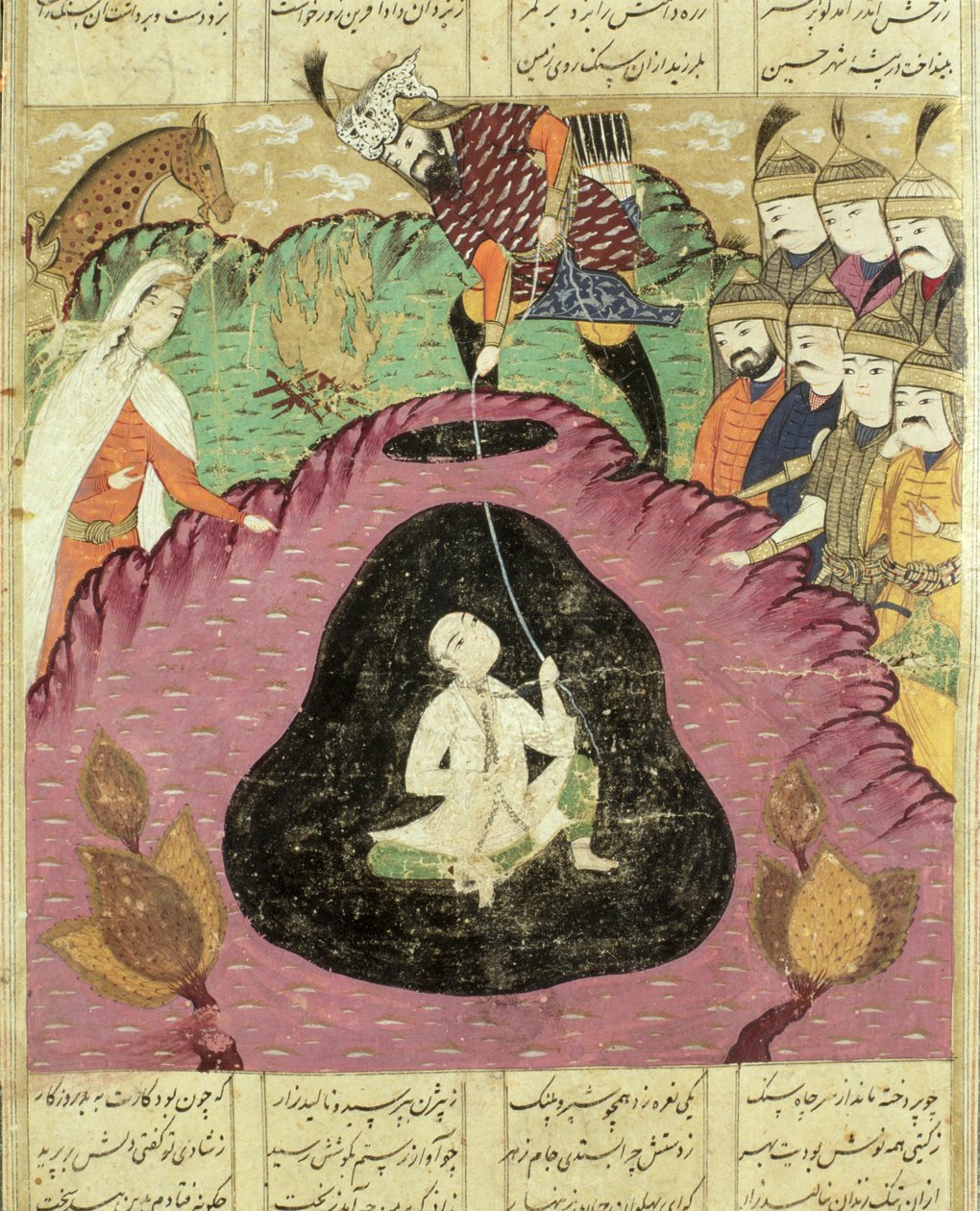رستم يسحب بيجان من الكهف ، رسم توضيحي من شاهناما (كتاب الملوك) لأبو القاسم مانور فردوسي (c.934-c.1020) 1619 بواسطة المدرسة الفارسية