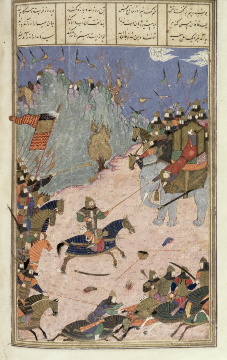 رستم يسحب خاقان من فيل ، رسم توضيحي من شاهناما (كتاب الملوك) ، بقلم أبو القاسم مانور فردوسي (c.934-c.1020) c.1440-45 (قلم وحبر ومرحاض على الرق) بواسطة المدرسة الفارسية