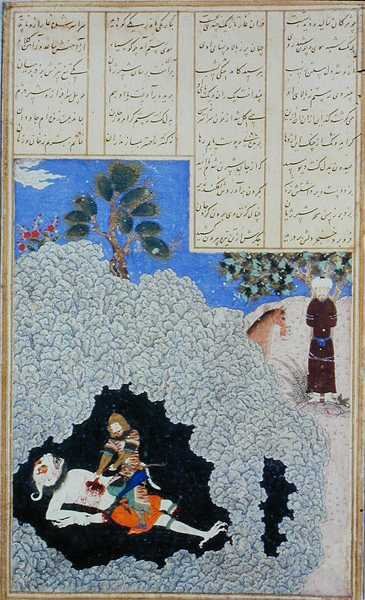 رستم مقتطف من كبد الشيطان الأبيض ، رسم توضيحي من "الشاهنامة" (كتاب الملوك) لأبي القاسم منصور الفردوسي (934 - 1020) حوالي 1440 - 1445 (قلم وحبر وألوان مائية على رق) بواسطة المدرسة الفارسية