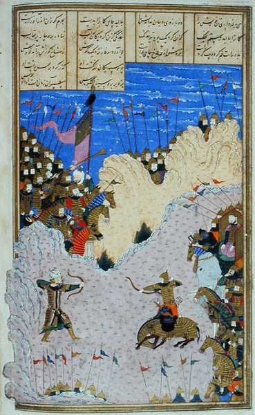 رستم يطلق النار على أشكابوس وحصانه ، رسم إيضاحي من الشاهنامه (كتاب الملوك) لأبي القاسم منصور الفردوسي (934 - 1020) حوالي 1440 - 1445 (قلم وحبر وألوان مائية على ورق) بواسطة المدرسة الفارسية