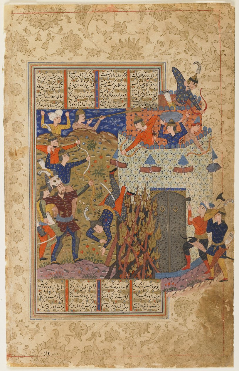 يهاجم رستم ورجاله حصن جانج ديز من شاهناما بواسطة المدرسة الفارسية