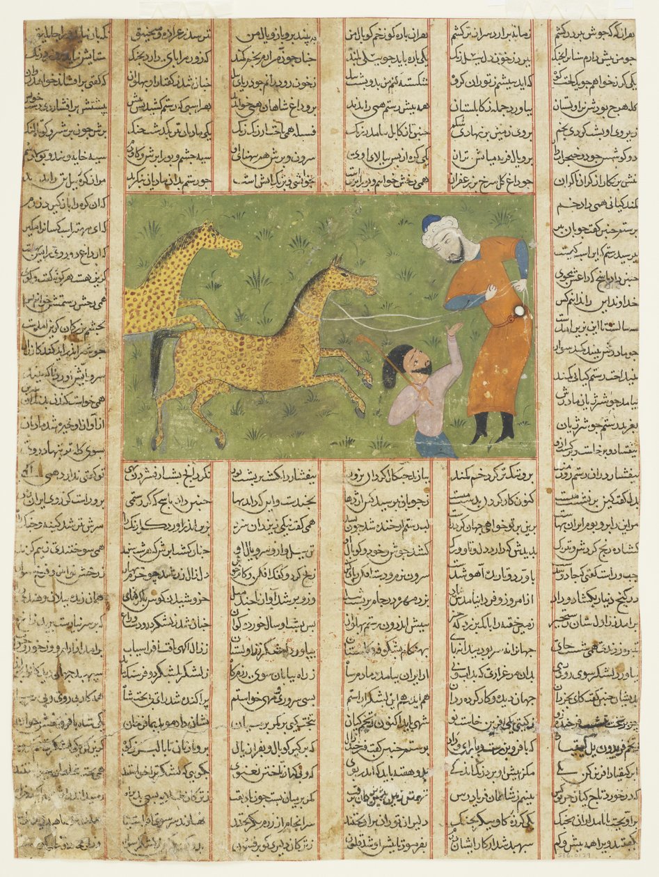 رستم يمسك حصانه رخش بواسطة المدرسة الفارسية