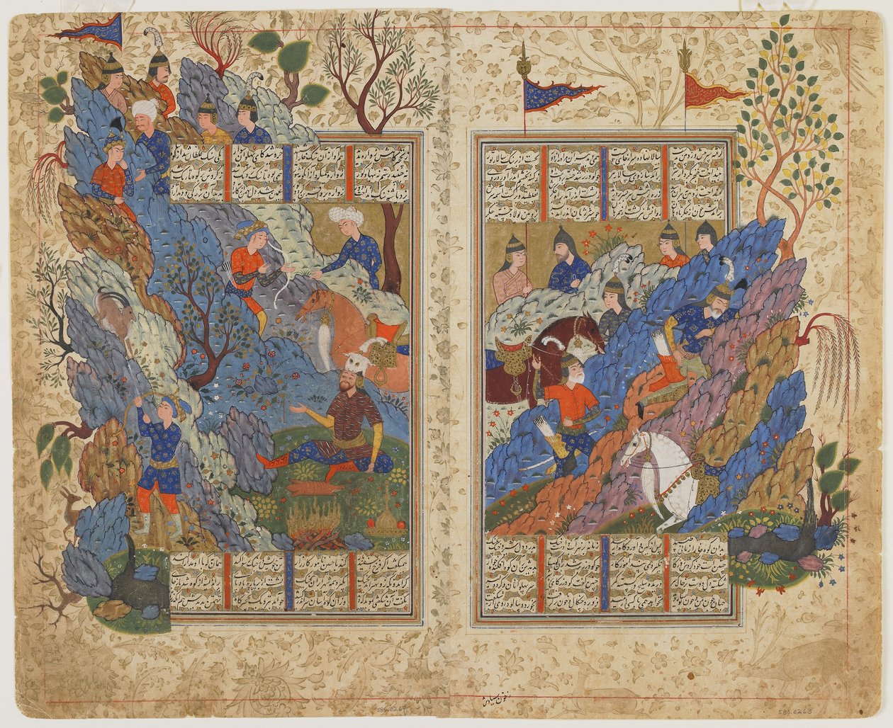 رستم يركل الصخرة التي دحرجها بهم بهمن من شاهنامه (كتاب الملوك) ، حوالي 1590-1600 (حبر ، ألوان مائية غير شفافة وذهبي على ورق) بواسطة المدرسة الفارسية