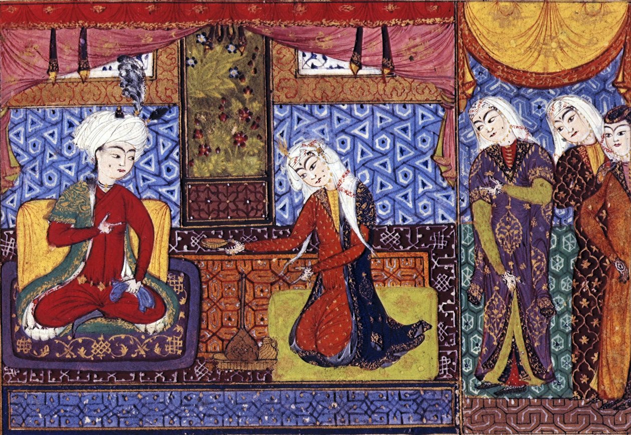 شكر من اصفهان يقدم الخمر لخسرو حوالي 1505 بواسطة المدرسة الفارسية