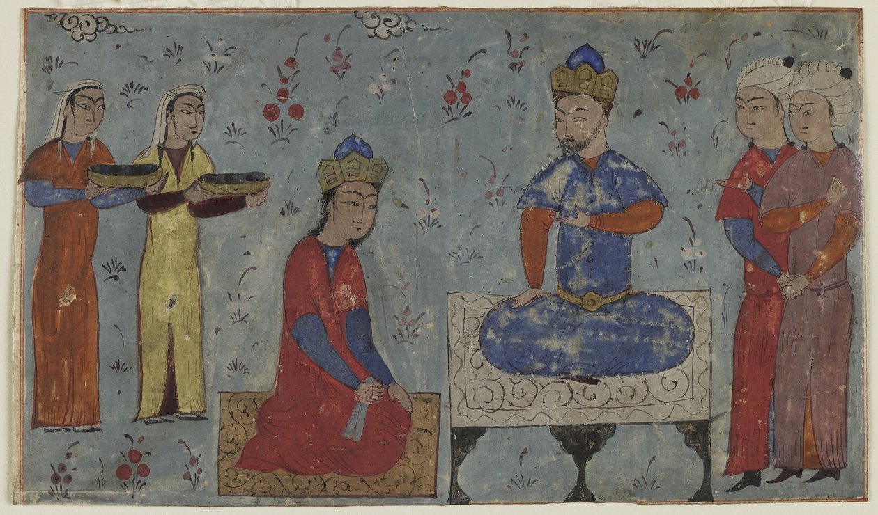 Sindukht قبل Sam (ألوان مائية غير شفافة وحبر وذهبي على ورق) بواسطة المدرسة الفارسية