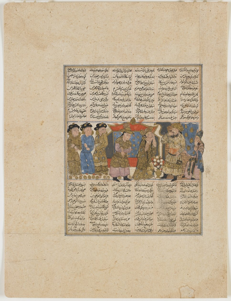 اتهام سودابا ضد سيافوش ، من شاهناما (كتاب الملوك) للفردوسي (ت ١٠٢٠) (ألوان مائية مبهمة ، حبر ، ذهب وفضة على ورق) بواسطة المدرسة الفارسية