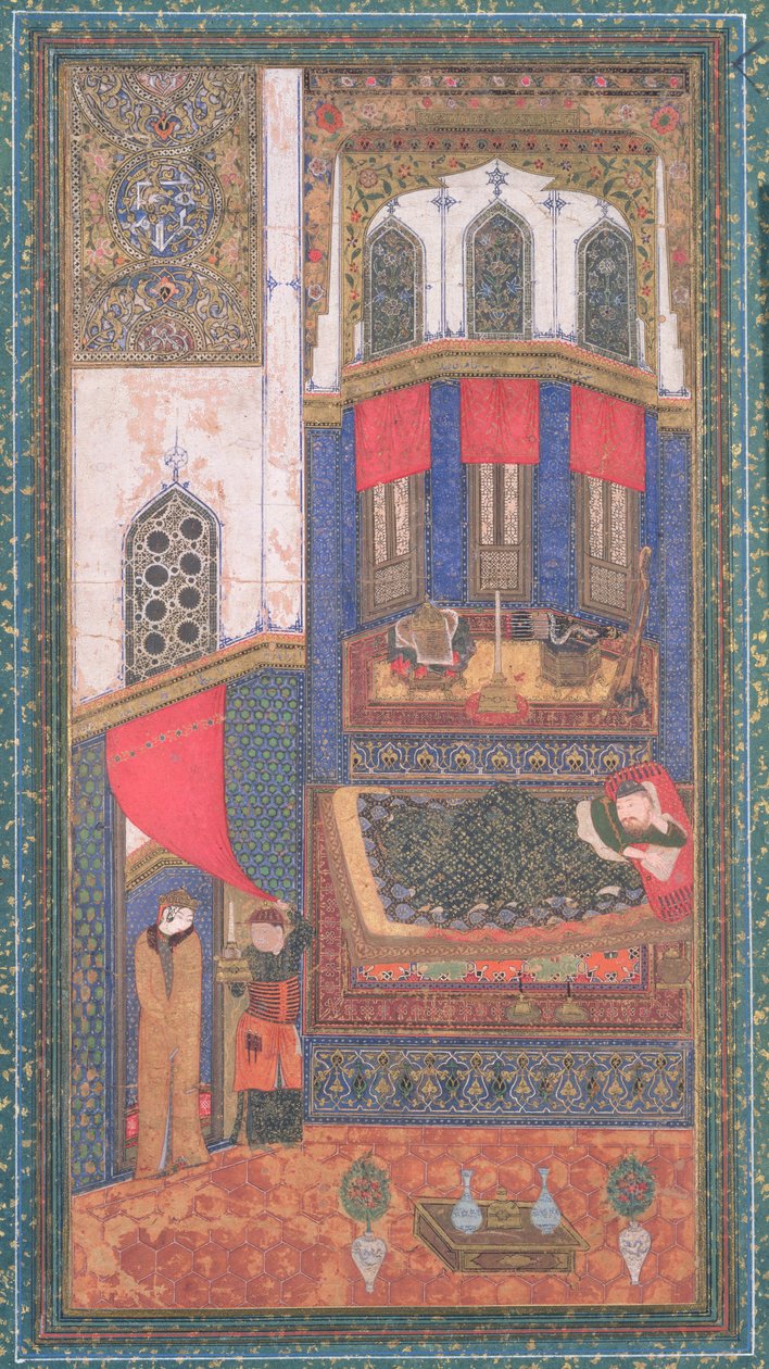 تهمينا تأتي إلى حجرة رستامس ، رسم توضيحي من شاهناما (كتاب الملوك) ، بقلم أبو القاسم مانور فردوسي (c.934-c.1020) ، من هرات ، أفغانستان ، c.1410 (مرحاض غير شفاف وذهب على ورق) بواسطة المدرسة الفارسية