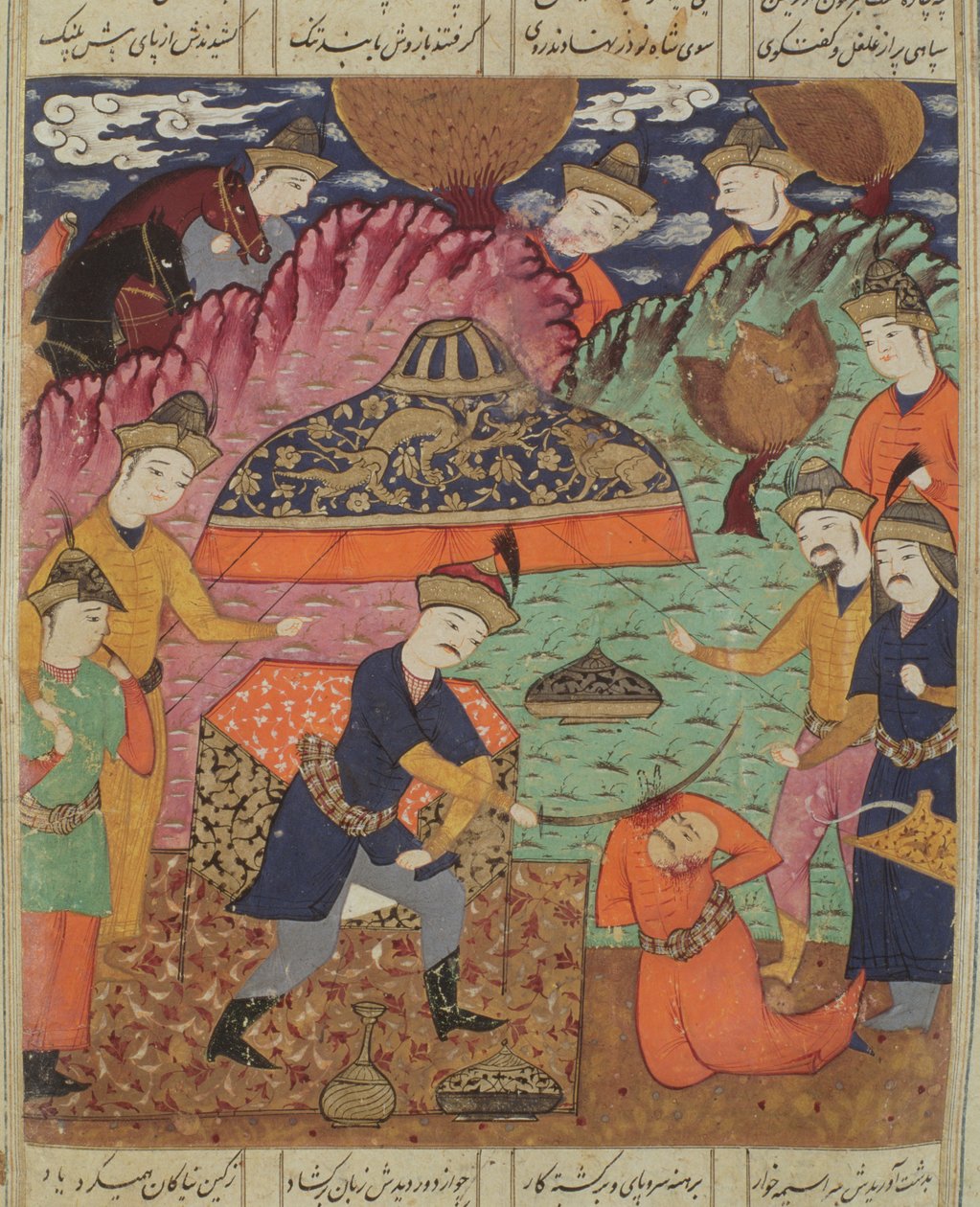 قطع رأس نزور ، رسم إيضاحي من الشاهنامه (كتاب الملوك) لأبي القاسم منصور الفردوسي (934 - 1020) 1619 (جواش على ورق) بواسطة المدرسة الفارسية