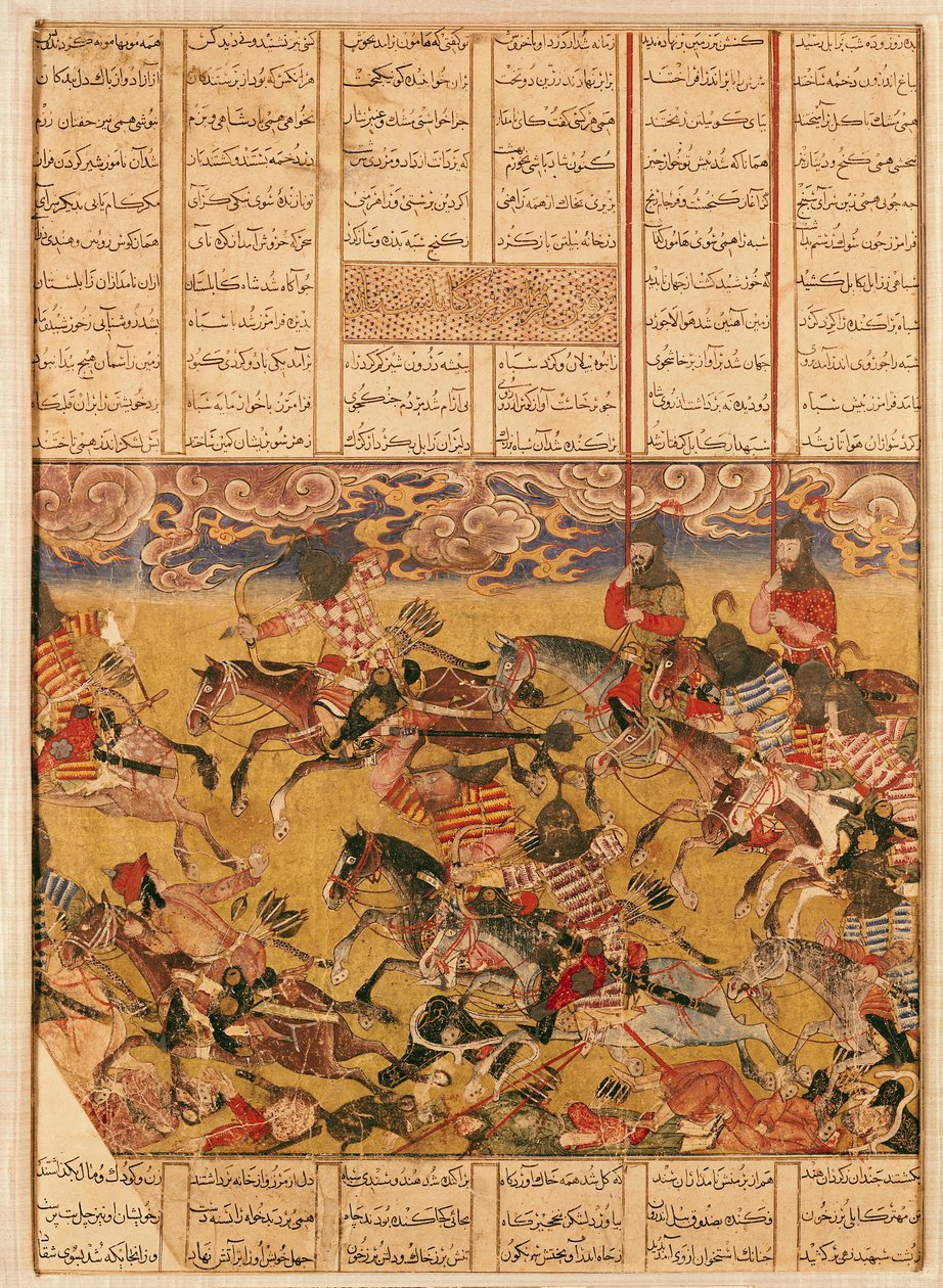 تهمة كافالييرز فراموز ، رسم من كتاب الشاهنامة لأبي القاسم مانور فردوسي (934-c.1020) (غواش على ورق) بواسطة المدرسة الفارسية