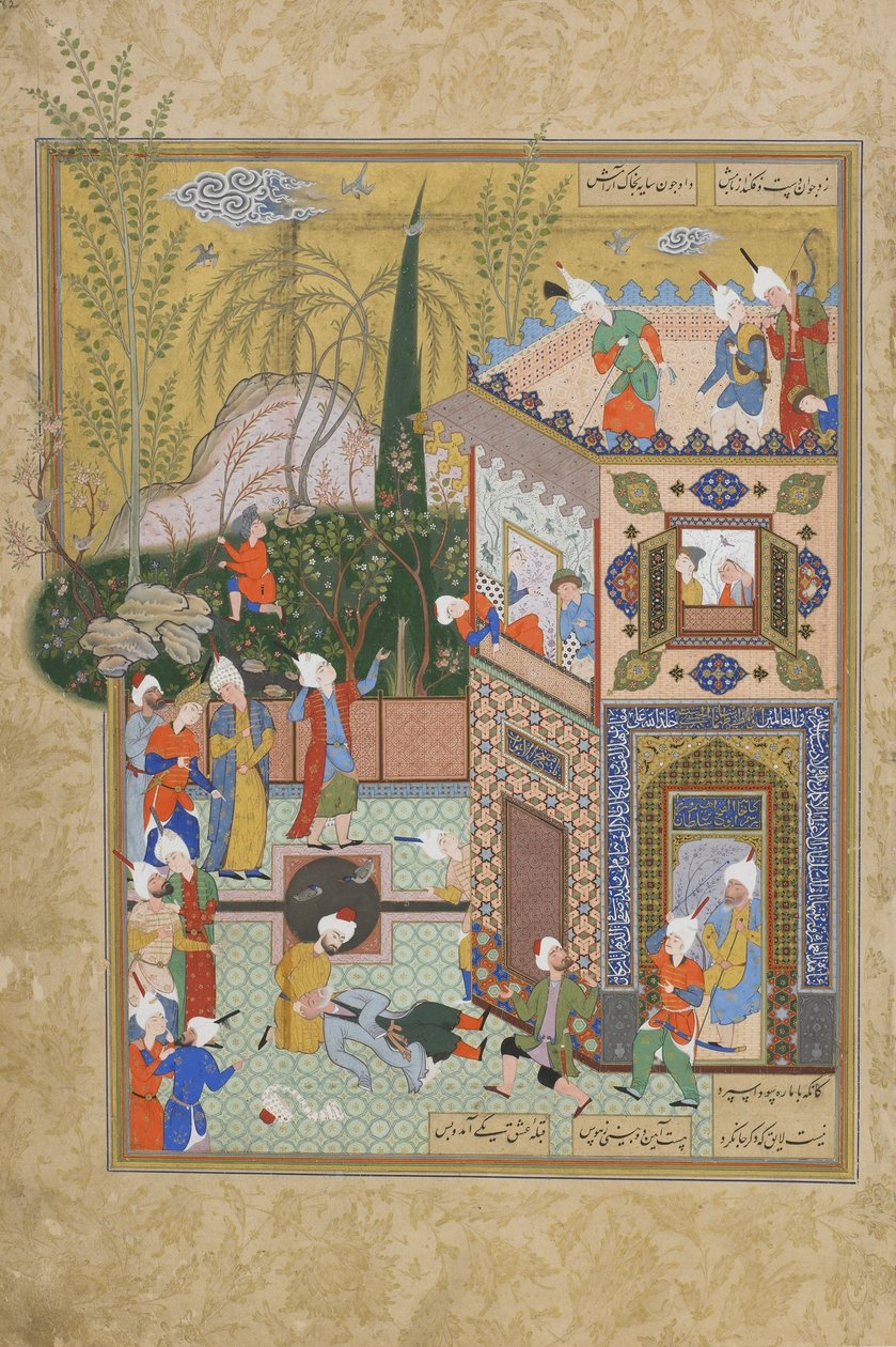 طرقت Fickle Old Lover من على السطح ، الورقة من Haft awrang (سبعة عروش) من قبل Jami (المتوفى 1492) ربما مشهد ، خراسان ، إيران ، سلالة صفوية ، 1556-1565 (حبر ، ألوان مائية مبهمة وذهبية بواسطة المدرسة الفارسية