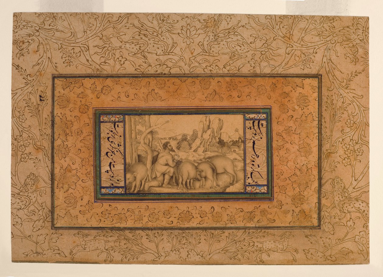 الابن الضالع ، c.1600 (مرحاض غامق وحبر على ورق) بواسطة المدرسة الفارسية