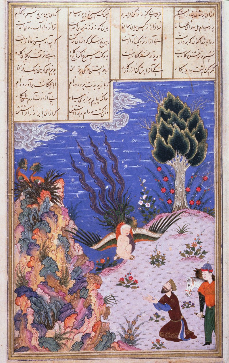 The Simurgh يعيد الطفل Zal إلى والده سام ، التوضيح من Shahnama (كتاب الملوك) ، من قبل أبو القاسم مانور فردوسي (c.934-c.1020) c.1440-45 (القلم والحبر والمرحاض على الرق) بواسطة المدرسة الفارسية