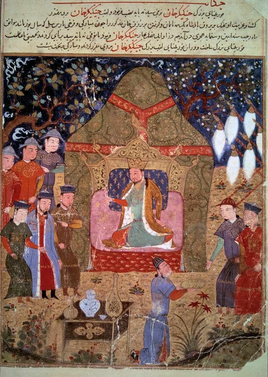 محكمة الإمبراطور المغولي جنكيز خان (1162-1227) ، تمثل مركز المنمنمات الفارسية من "جامع الطوارخ" (أو التاريخ العالمي) للمؤرخ رشيد الدين (الدين) (1247-1318) ) ، حوالي 1430. باريس ، BN بواسطة المدرسة الفارسية