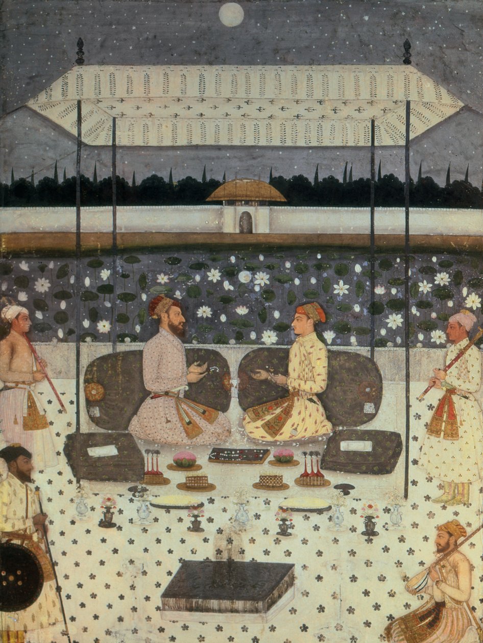 اثنان من أمراء المغول يتحدثان في الليل ، 1480-90 بواسطة المدرسة الفارسية