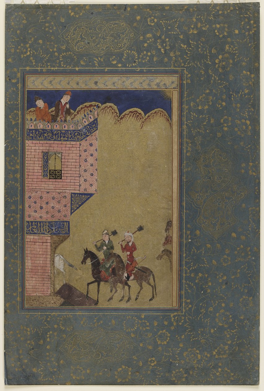 اثنين من الفرسان يحملون صولجان يقتربون من القلعة ، c1717-18 بواسطة المدرسة الفارسية