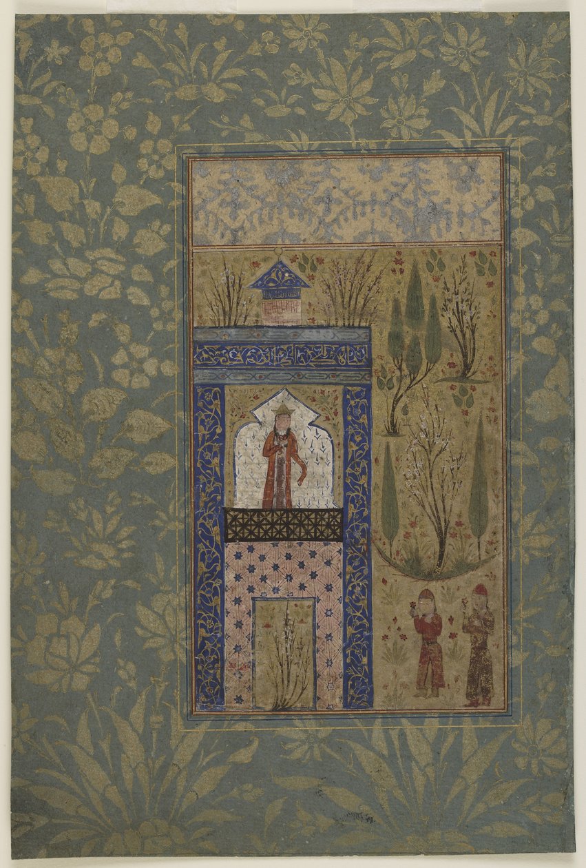 شابان أمام أميرة على النافذة ، حوالي 1417-18 (ألوان مائية غير شفافة وذهبية على ورق) بواسطة المدرسة الفارسية