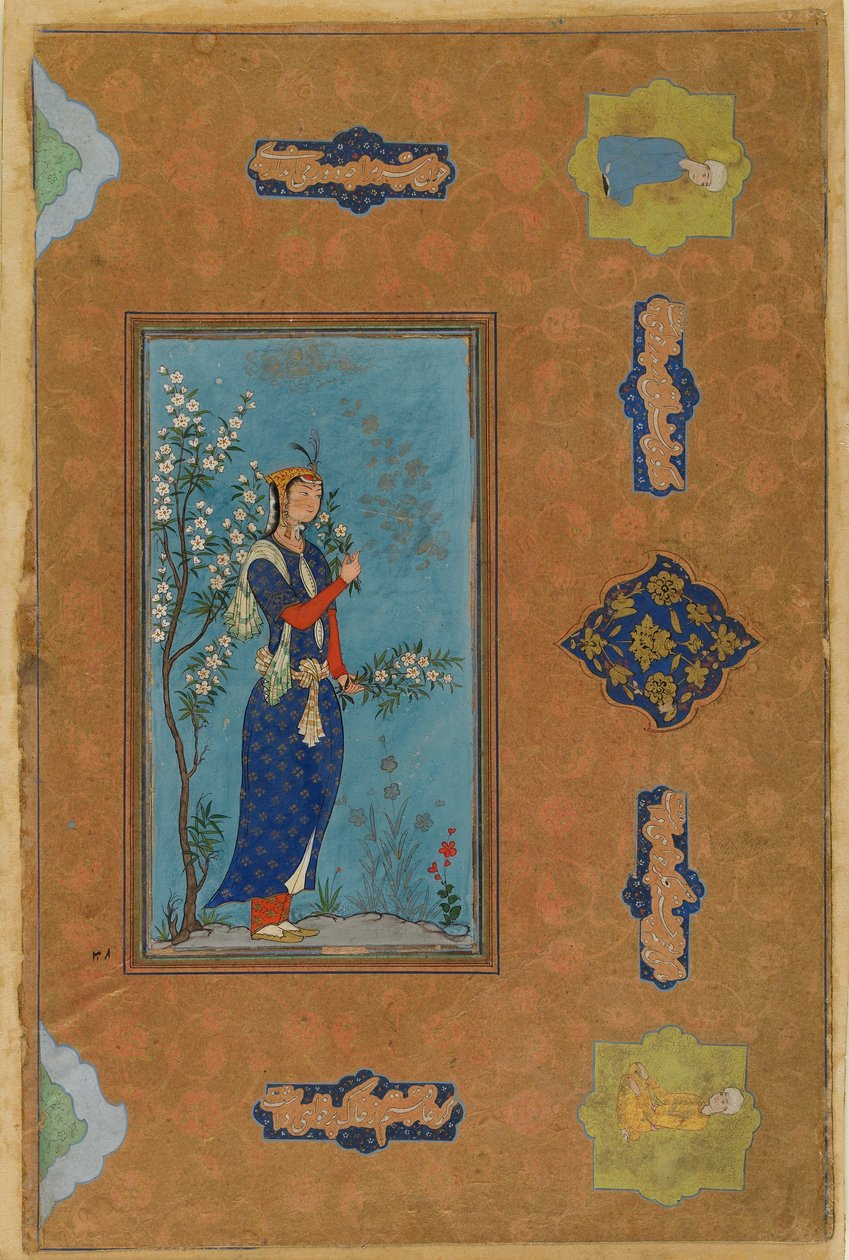 امرأة مع رذاذ من الزهور ، الفترة الصفوية ، ج .1575 (مرحاض وذهب على ورق) بواسطة المدرسة الفارسية