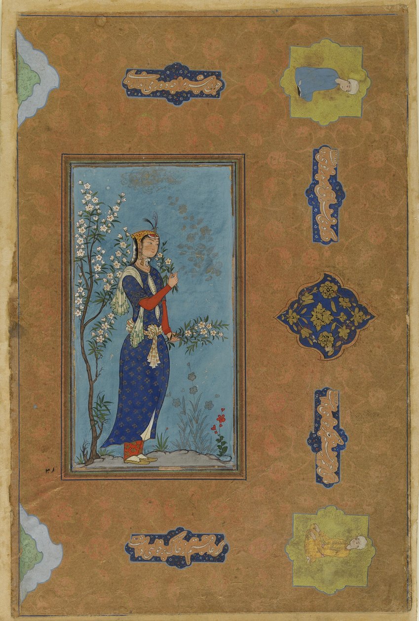 امرأة مع رذاذ من الزهور ، حوالي 1575 (ألوان مائية غير شفافة وذهبية على ورق) بواسطة المدرسة الفارسية