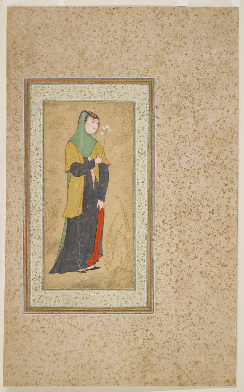 امرأة مع رذاذ من الزهور ، ج .1595 بواسطة المدرسة الفارسية
