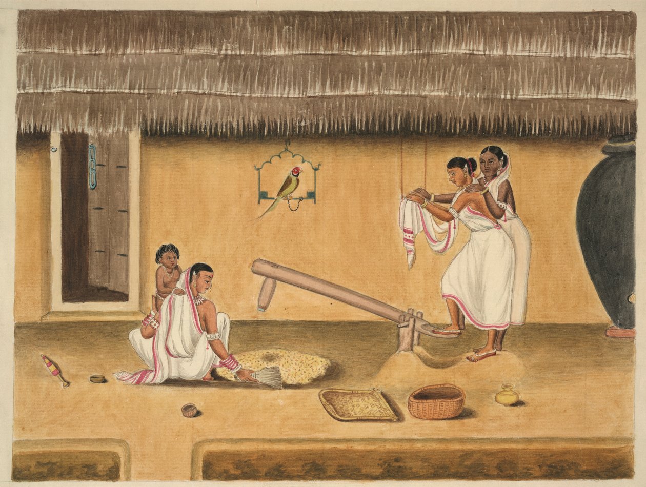 نساء يقشرن الأرز مع دنكي ، حوالي 1840 (ألوان مائية على ورق) بواسطة المدرسة الفارسية