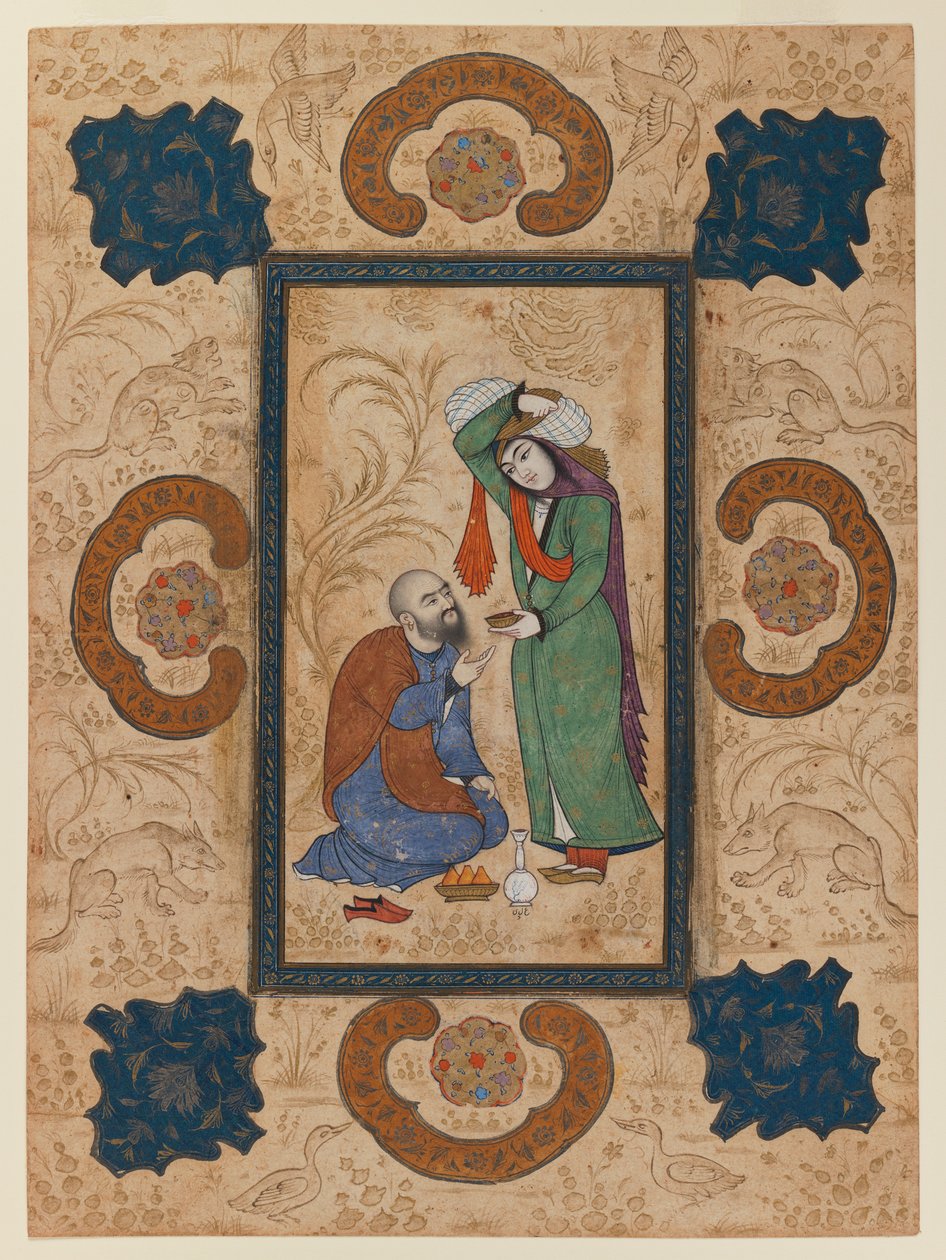 المرأة الشابة، تقدم، الخمر، حتى، حكيم، (ink & &، غير شفاف، wc، عن، ورق) بواسطة المدرسة الفارسية