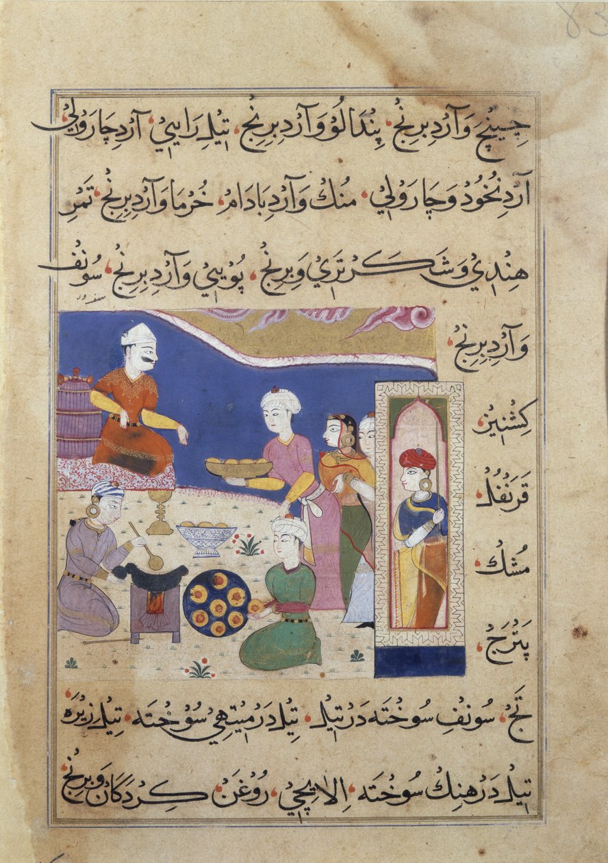 f.83v تحضير الحلويات لسلطان ماندو ، من مخطوطة عن فن الطبخ الهندي (ورق) بواسطة المدرسة الفارسية