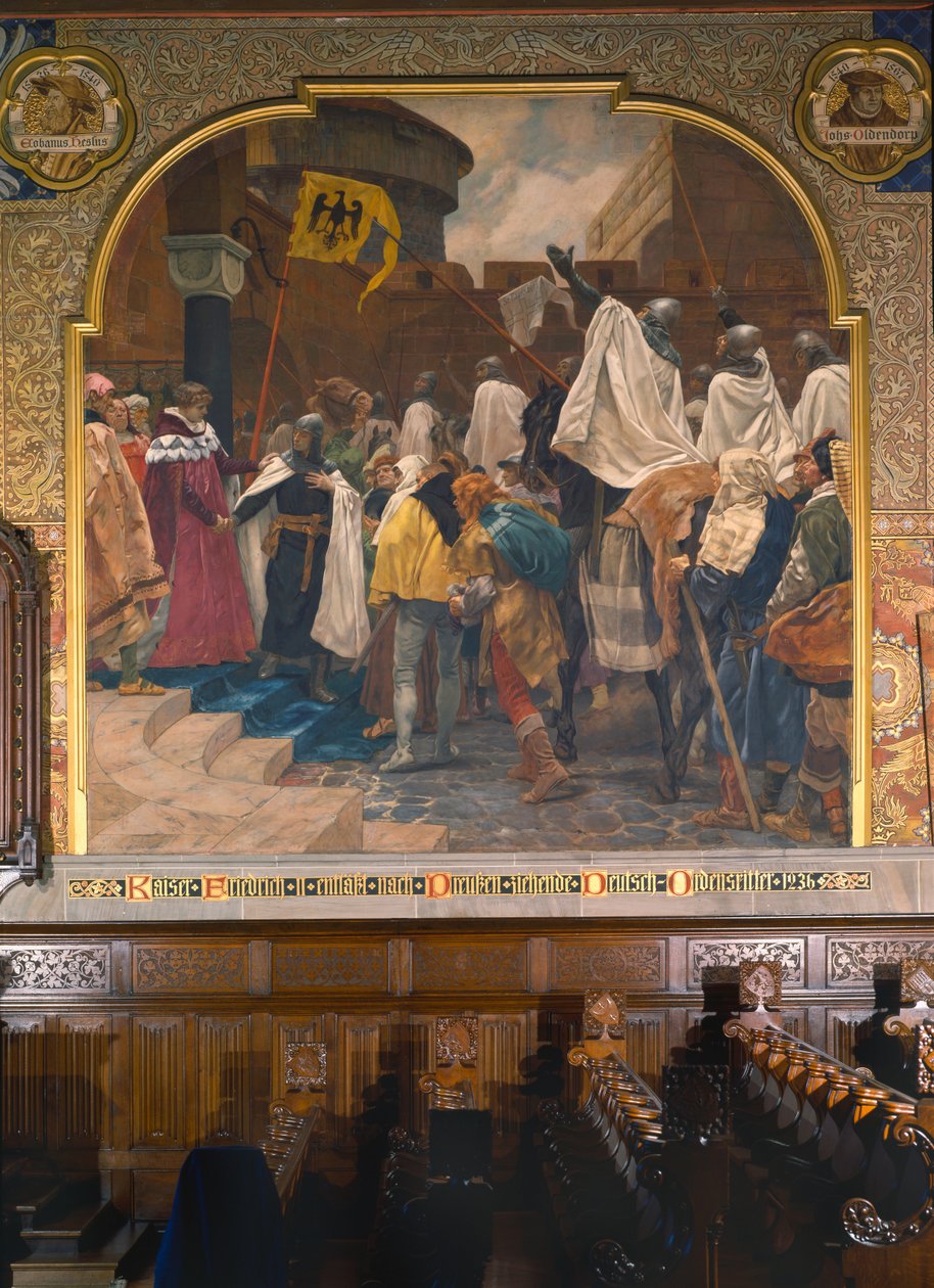 الإمبراطور فريدريك الثاني يسمح للفرسان الجرمان بغزو بروسيا في 1236 ، 1903 بواسطة بيتر جوهان ثيودور جانسين