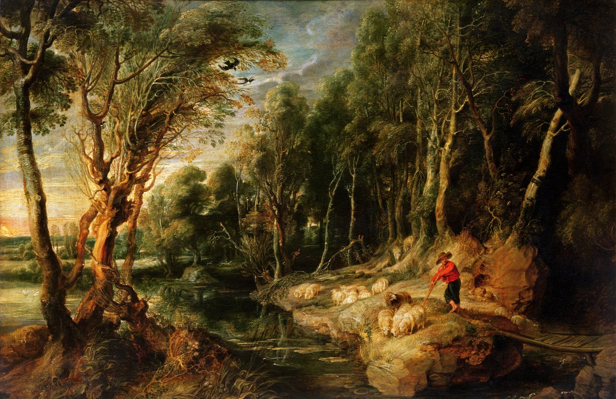 راعي مع قطيعه في منظر طبيعي خشبي ، c.1615-22 (زيت على خشب البلوط) بواسطة بيتر بول روبنز