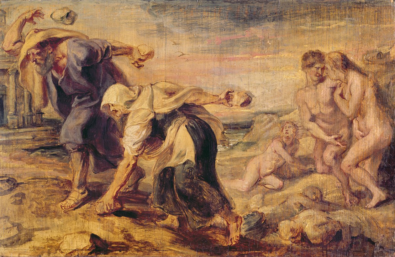 Deucalion و Pyrrha Repeople العالم من خلال رمي الحجارة خلفهم ، c.1636 بواسطة بيتر بول روبنز