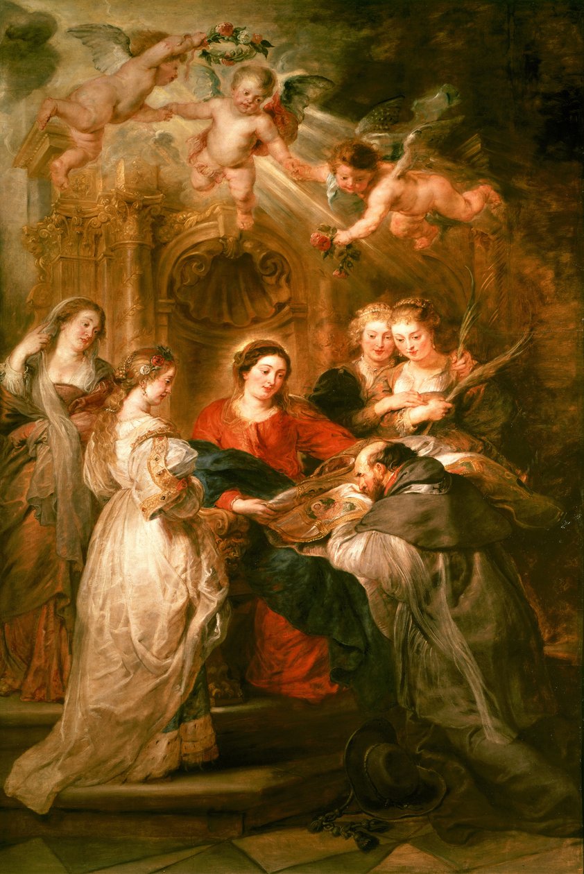القديس إلديفونسو Altarpiece ، لوحة مركزية تصور العذراء مريم تقديم رداء طقوسي إلى القديس إلديفونسو ، 1630-32 بواسطة بيتر بول روبنز