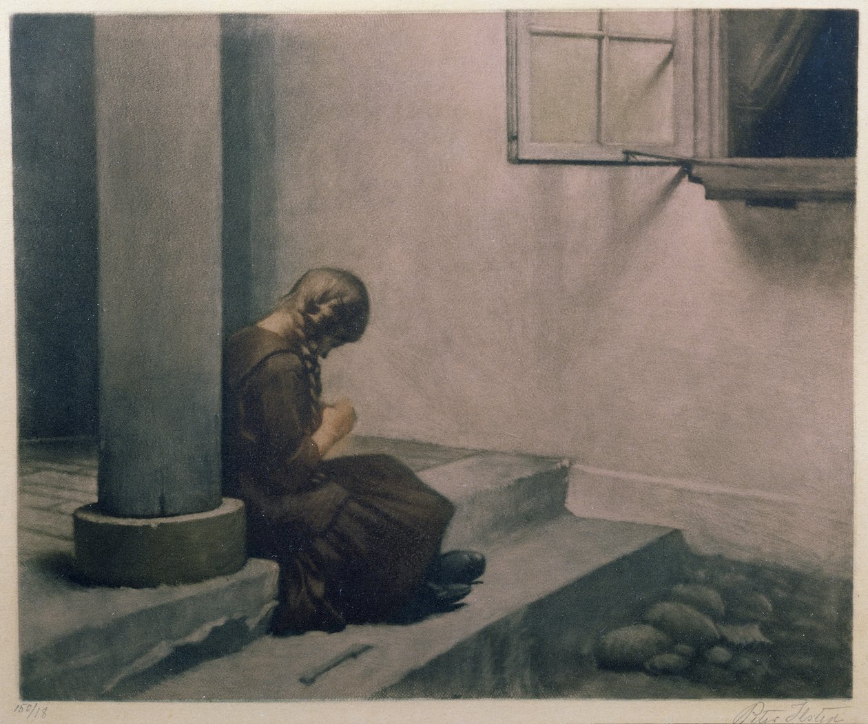 فتاة تجلس على الدرجات (mezzotint الملونة) بواسطة بيتر فيلهلم إيلستيد