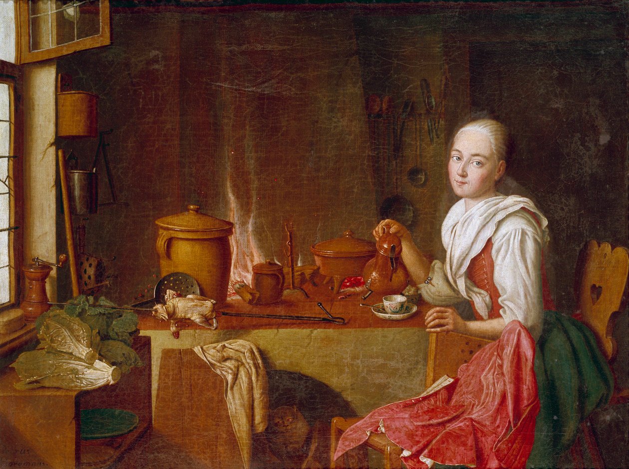 Lady in her kitchen A young woman sitting on a coffee in front of the fire place. Painting by Peter Jacob Horemans (1700-1776) (ec.flam.) 18th century Munich. Alte Pinakothek بواسطة بيتر جاكوب هورمانز