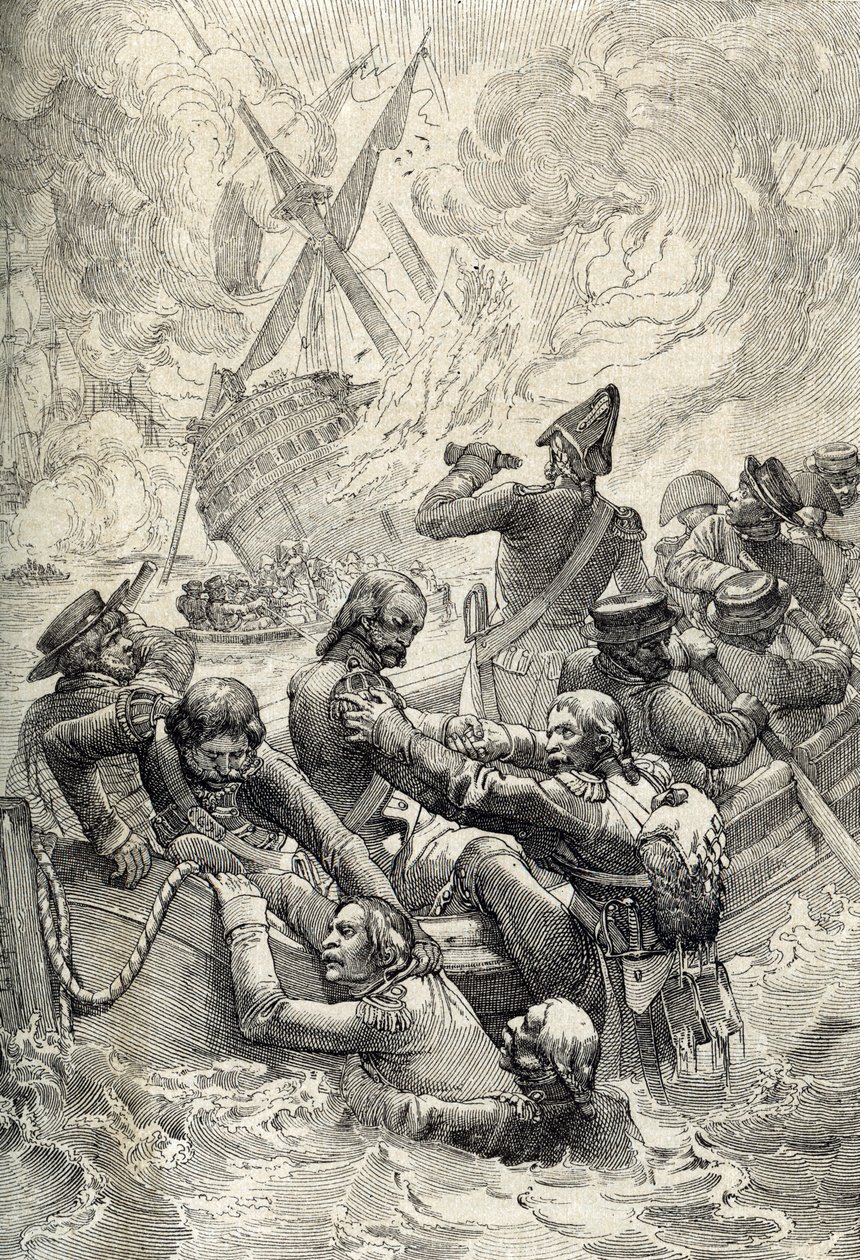 بعثة مصر: تدمير الشرق في معركة النيل (معركة أبو قير) في أغسطس 1798 (معركة أبو قير: تدمير لوريان في معركة النيل ، أغسطس 1798) ريشة رسم من "Historische Memorabilian" ديس إن بواسطة بيتر يوهان نيبوموك جيجر