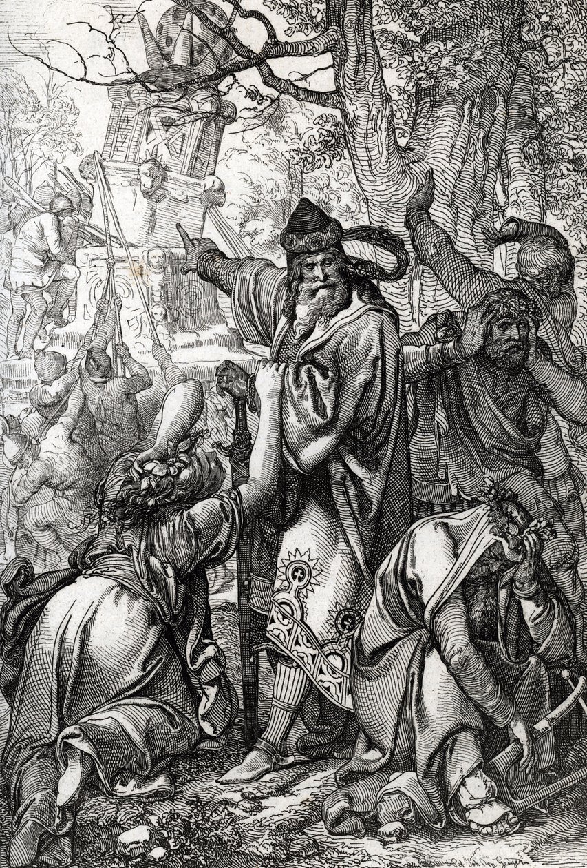 الإمبراطور شارلمان (حوالي 742-814) في الحرب ضد الساكسونيين ، 772 (الإمبراطور تشارلز الكبير (شارلمان) أثناء حروب الساكسونات ، 772) رسم ريشة من "Historische Memorabilian des In-und Auslandes" (التذكارات التاريخية) بقلم أنطون زيجلر بواسطة بيتر يوهان نيبوموك جيجر