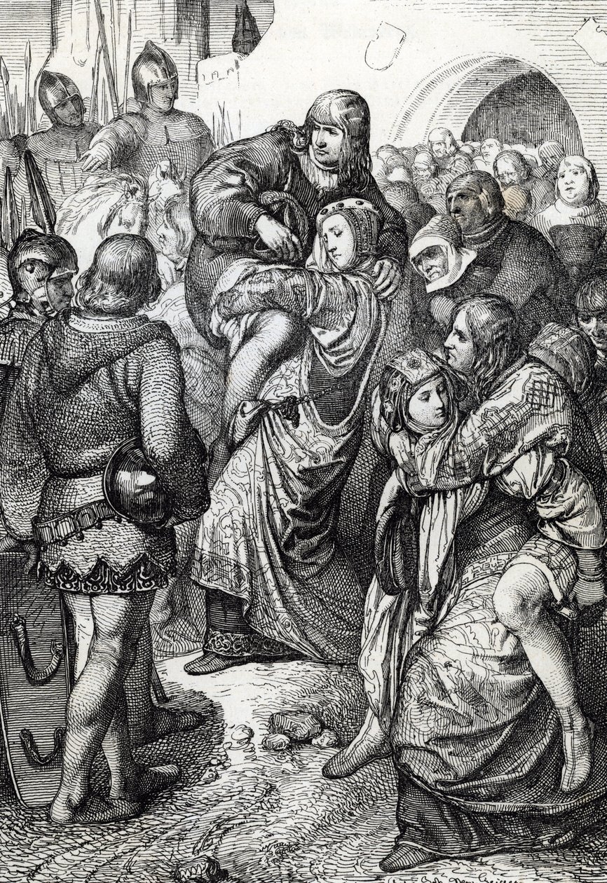 النساء المؤمنات في وينسبرغ (Treue Weiber von Weinsberg): زوجات الجنود المهزومين في حصار Weinsberg من قبل كونراد الثالث من Hohenstaufen عام 1140 يحملن أزواجهن على ظهورهن ، ألمانيا (الزوجات المخلصات أثناء حصار Weinsberg بواسطة بيتر يوهان نيبوموك جيجر