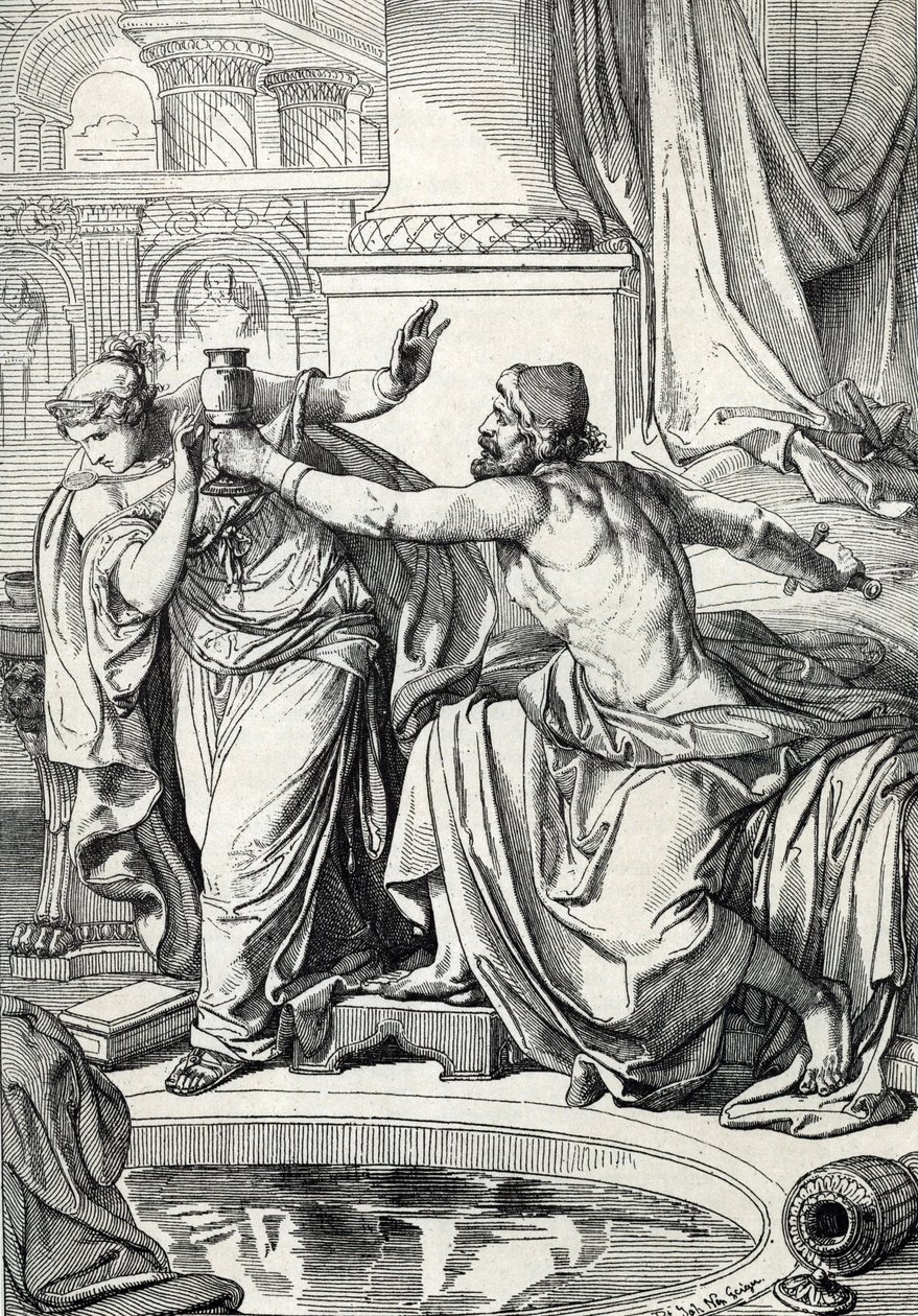 الأميرة gepid Rosemonde (توفي عام 572) وعشيقها قاتل زوجها King Alboin تسمم نفسيهما بنفس فنجان السم ، 572 (أميرة Gepid Rosamund (أو Rosamunde) وعشيقها يقتلون أنفسهم بنفس فنجان السم ، 572) رسم a بواسطة بيتر يوهان نيبوموك جيجر