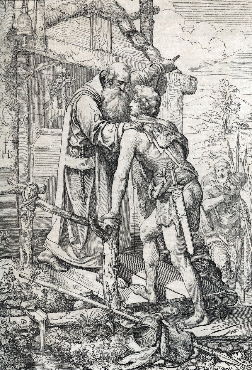 الشاب Odoacre (حوالي 433-493) يتلقى مباركة Severin ، Apotre de Norique ، كاليفورنيا. 470 (يلتقي Odoacer بالراهب Severinus of Noricum الذي يعلمه أنه سيصبح يومًا ما مشهورًا ، 470 ca) رسم قلم مرسوم من "" Historische Memorabilian des بواسطة بيتر يوهان نيبوموك جيجر