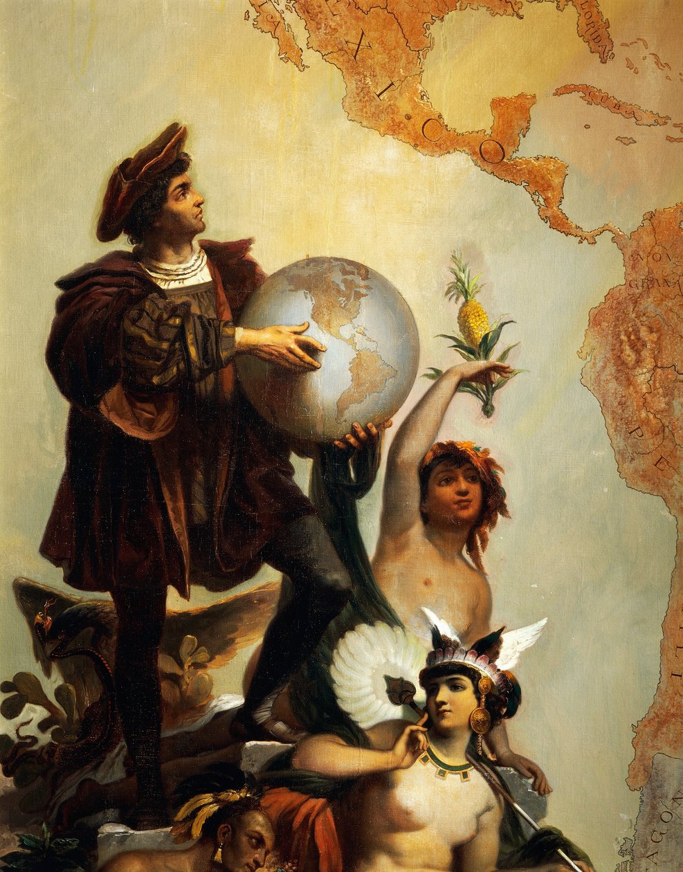 كريستوفر كولومبوس (1451-1506) ، تفاصيل من Allegory on Charles V of Habsburg (1500-1558) كحاكم للعالم ، لوحة بيتر يوهان نيبوموك جيجر (1805-1880) ، Throne Room ، قلعة Miramare ، تريست ، فريولي فينيتسيا جوليا ، إيطاليا بواسطة بيتر يوهان نيبوموك جيجر