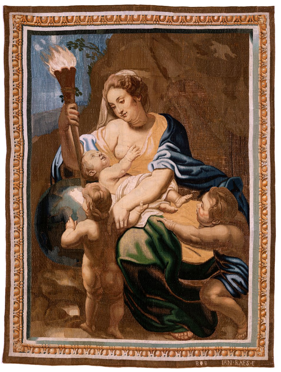 نسيج فلمنكي. سلسلة انتصار القربان المقدس. رمزية للأعمال الخيرية تنير العالم (Alegoría de la Caridad iluminando al mundoà. نسيج عشرين في السلسلة. نموذج بيتر بول روبنز. 1626-1628. مصنع Jan II Raes ، بروكسل بواسطة بيتر بول (بعد) روبنز