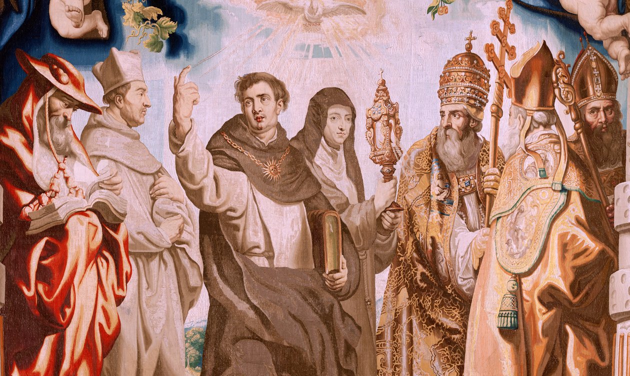 نسيج فلمنكي. سلسلة انتصار القربان المقدس. المدافعون عن القربان المقدس (os defensores de la Eucaristía). النسيج العاشر في السلسلة. نموذج بيتر بول روبنز. 1626-1628. مصنع جان الثاني رايس ، هانز فيرفورت ، جاك فوبرت ، بروكسل بواسطة بيتر بول (بعد) روبنز