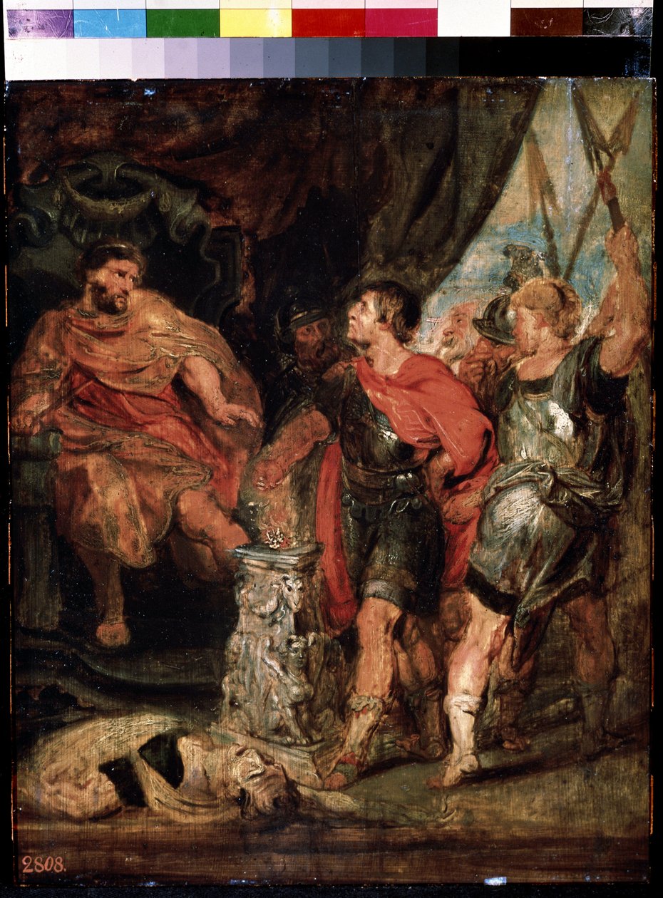 Mucius Scaevola devant Porsenna (Mucius Scaevola قبل Porsenna). Caius Mucius Scaevola ، jeune الأرستقراطي الروماني التقاط على قدم المساواة لا غارد رويال دي بورسينا (بورسينا ، بورسينا) بواسطة بيتر بول (استوديو) روبنز