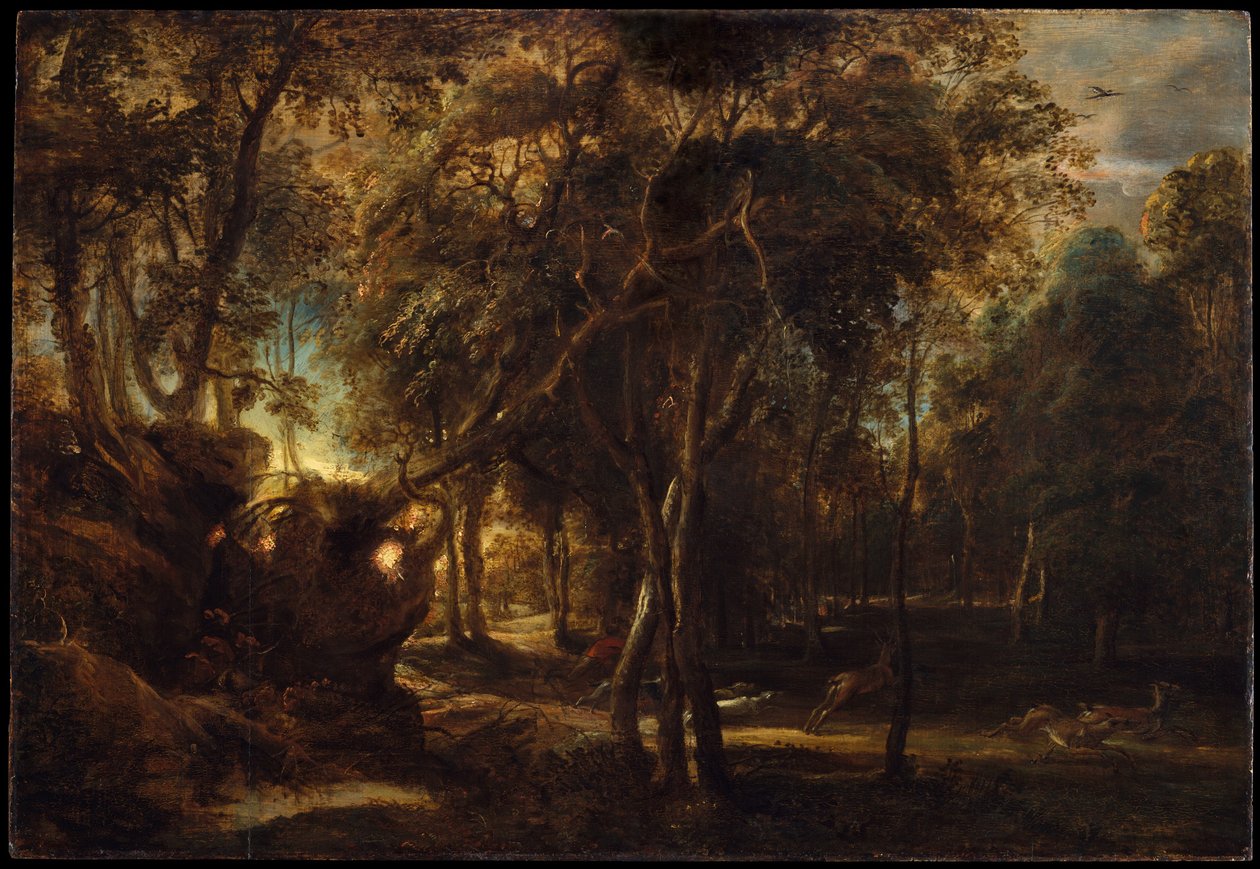 غابة في الفجر مع صيد الغزلان ، c.1635 بواسطة بيتر بول روبنز